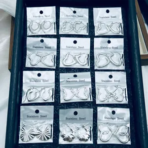 Detail view of various stainless steel heart and geometric earrings in packaging