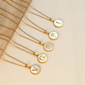Initial Letter Pendant Necklace Stainless Steel Round Shell Disc 18K Gold Plated Alphabet Jewelry For Women