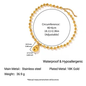 Gold beaded necklace in stainless steel with 18k gold plating and product dimensions
