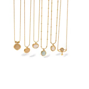 Collection of cat's eye stone necklaces in various shapes with 18k gold plated finish.