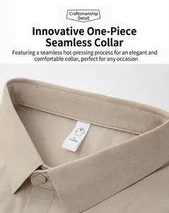 Macro detail of a khaki polo shirt collar featuring seamless heat-pressing technology