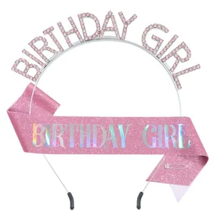 Birthday Girl Headband And Sash Set Alloy Rhinestone Tiara Glitter Birthday Sash For Women Birthday Party Decorations Jewelry Accessory