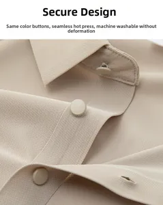 Close-up of seamless placket with matching color buttons on breathable ice silk polo shirt.