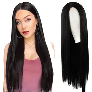 Perruque synthétique longue lisse noire avec raie au milieu sur modèle et mannequin pro