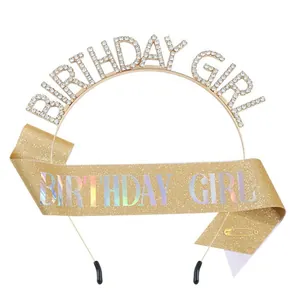 Elegant gold rhinestone Birthday Girl headband and glitter sash set for birthday party décor