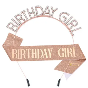 Detail of rose gold birthday girl rhinestone tiara and matching glitter sash set