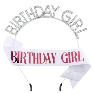 Detail view of the silver rhinestone Birthday Girl tiara and white sash party set