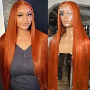 Vue comparative d'une perruque synthétique longue et lisse rousse sur mannequin