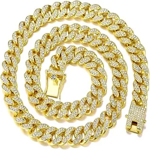 Hip Hop Iced Out Cuban Link Chain Necklace For Men Women Zinc Alloy Full Rhinestone Pave Gold Silver Streetwear Jewelry Gift