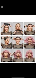 Guide tutoriel visuel étape par étape pour porter une perruque rose ondulée avec frange