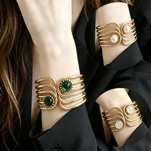 Vintage European Style Alloy Geometric Hollow Cuff Bracelet For Women Gold Multi Layer Open Bangle Artificial Pearl Inlaid Jewelry