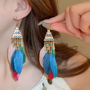 Close-up shot of vibrant bohemian feather drop earrings worn by a model for vacation