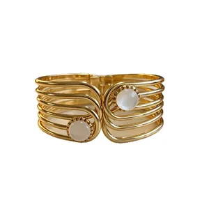 Elegant vintage gold multi-strand geometric cuff bracelet with white stones for women