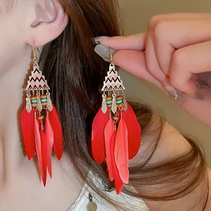 Bohemian style long red feather earrings with vintage ethnic geometric metal design