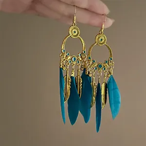 Detailed view of Bohemian long feather drop earrings in teal blue and vintage gold.