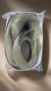 Vue détaillée d'une longue perruque synthétique blonde dans un emballage plastique transparent