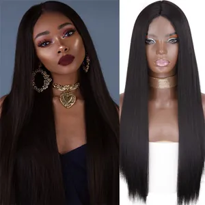 Perruque synthétique longue noire lisse avec raie au milieu, vue modèle et mannequin