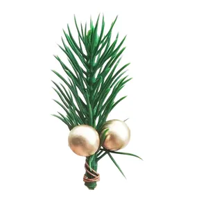 Detailed close-up view of an artificial pine needle sprig with golden decorative berries