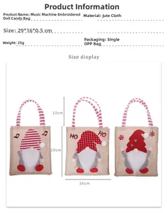 Detail view showing dimensions of three Christmas gnome burlap gift bags with handles.