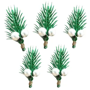 Set of 5 artificial green pine needle picks with silver berry accents for Christmas decor