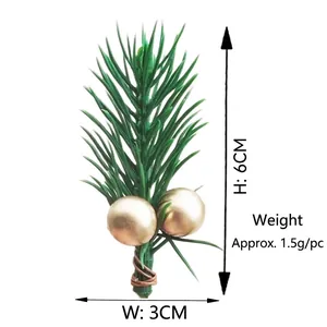 Detailed view of artificial Christmas pine needle with gold berries and size markers