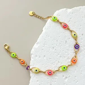 Vintage gold-plated stainless steel evil eye charm bracelet with colorful beads