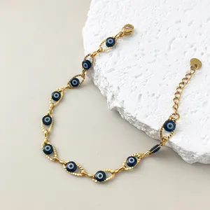 Vintage gold stainless steel evil eye link bracelet with blue nazar beads for women fashion
