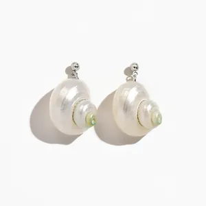 Detailed view of natural white conch shell earrings featuring pearlescent luster and silver studs