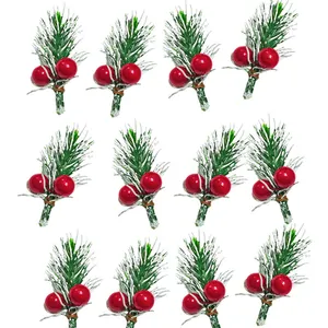 Set of 12 artificial Christmas pine sprigs with red berries and snowy frost finish.
