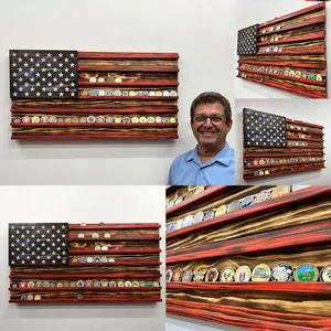 Detailed views of handcrafted American flag wooden challenge coin display shelf