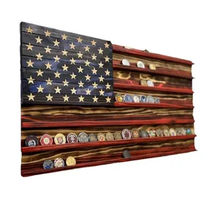 Rustic wooden American flag wall mounted display rack for challenge coins collection