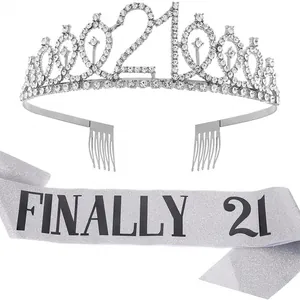 Elegant silver 21st birthday tiara and sash set with rhinestones for girls party