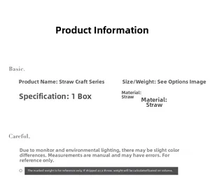Scheda informativa per decorazioni natalizie in paglia con materiali e specifiche.