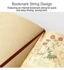 Nahaufnahme eines Vintage-A5-Notizbuchs mit Blumenillustration und Lesezeichen