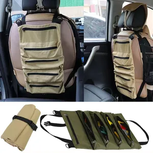 Heavy-duty canvas roll-up tool bag with 5 zipper pockets for car backseat organization.