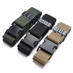 Detail view of tactical woven belts in army green, black, and tan with quick-release buckles