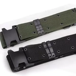 Detailed close-up view of durable woven canvas tactical belts with plastic buckles