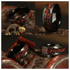 Multiple close-up views of black hammered ring with vibrant red crushed stone inlay