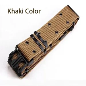 Close-up detail of khaki outdoor tactical woven canvas belt with plastic buckle