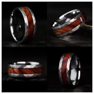 Detailed macro views of a stainless steel ring with hammered edges and wood inlay