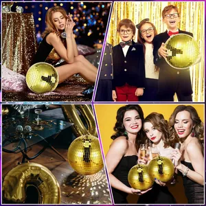Detail views of golden mirror disco balls used in various party and celebration scenes