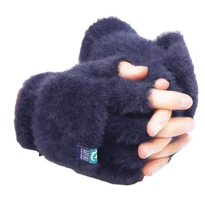 Moufles convertibles en peluche bleu marine pour femmes avec rabat sans doigts