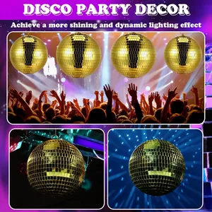 Detail view of golden disco mirror balls reflecting vibrant party lights in a nightclub setting