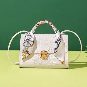 Women Sweet Shoulder Bag Scarf Wrapped Handle Small Square Crossbody Bag Crocodile Pattern Corduroy Printed Daily Fashion Handbag
