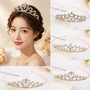 Luxury Alloy Rhinestone Wedding Bridal Crown Tiara Korean Minimalist Gold Princess Heart Shape Cake Decoration Ornament Headwear