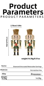 Detailed view of rhinestone nutcracker earrings with size and weight measurements.