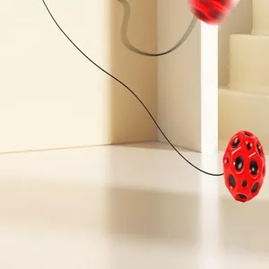 Close-up detail view of red moon bouncy ball with black elastic wrist strap for kids play