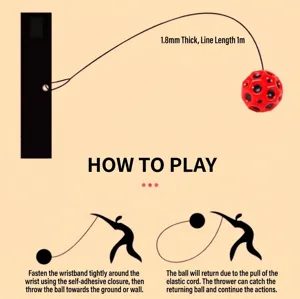 How-to-play diagram for red wrist bounce ball toy with 1m elastic cord and strap