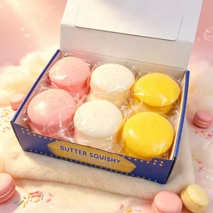 Vue détaillée de six squishies macarons colorés dans une belle boîte cadeau bleue