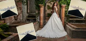 Detail view of sparkling rhinestone bridal tiaras with elegant wedding dress background
